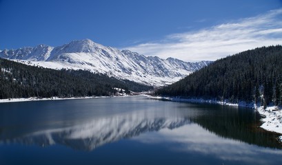 Snow covered mountains reflected in lake