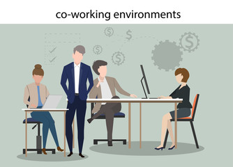 co working environments office center people talking and working business make money with investment meeting share ideas flat design style vector illustration