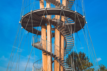  Observation deck. Spiral staircase. Modern architecture. Autumn forest. Beautiful view. Height....