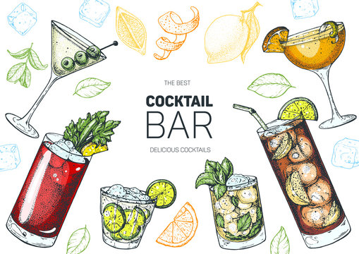 Alcoholic cocktails hand drawn vector illustration. Cocktails set. Menu design elements.