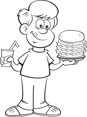 Black an white illustration of a boy holding a drink and a large hamburger.