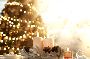 Christmas night,Candles decorated in christmas scene background with copyspace for your text and ideas,3d rendering