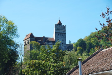 Fototapeta premium Bran, Dracula's castle in Carpathian Mountains of Transylvania, Romania, view through leaves