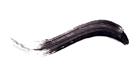 Vector make-up cosmetic mascara brush stroke texture design isolated on white. Realistic mascara smear template. Mascara eyelashes brush stroke makeup. Black hand drawn lash scribble swatch.