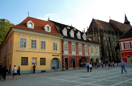 Architecture of Piata Sfatului square in Brasov city centre, Romania
