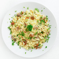 risotto on chicken broth with forest mushrooms, onion, cheese, safran, and white wine decorated with parsley