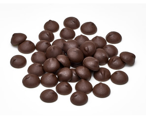 Chocolate chips morsels from top view isolated on white background