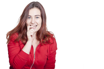 woman in red red hoodie shirt makes an embarressed expression gesturing that she has got busted