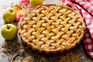 Homemade apple pie on wooden table