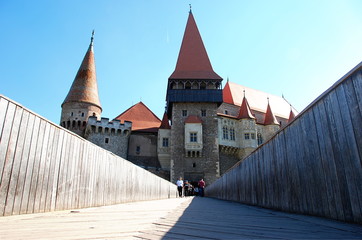 Corvin Castle with bridge cross moat of the fortress, Romania