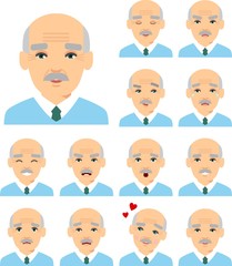 Set of different european avatar old men in colorful flat style. Collection of various emotion expression avatar age male happy, angry, sad, funny.