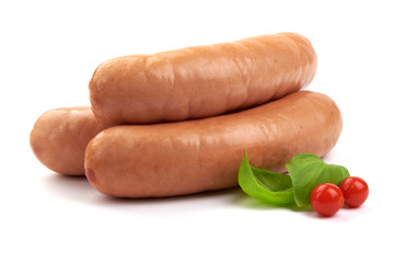 Fresh Pork sausages with basil and Physalia berry, isolated on white background. Close-up. © GSDesign