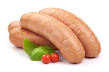 Fresh Munich sausages with basil and Physalia berry, isolated on white background. Close-up.