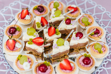 cake with chocolate frosting and fruits 