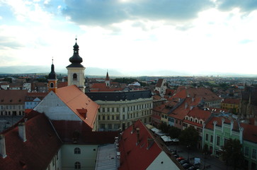 Obraz premium Sibiu city rooftop panorama with tower of Town Hall, Romania