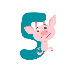 Number five with cute cartoon pig isolated on white.