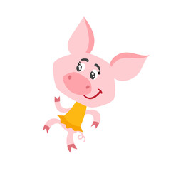Cartoon pig character dancing isolated on white.