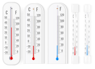 Classic outdoor and indoor fahrenheit and celsius thermometers set for meteorological measurements realistic vector illustration