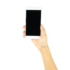 Touch screen smartphone in a hand, Woman holding mobile phone with blank screen on white background