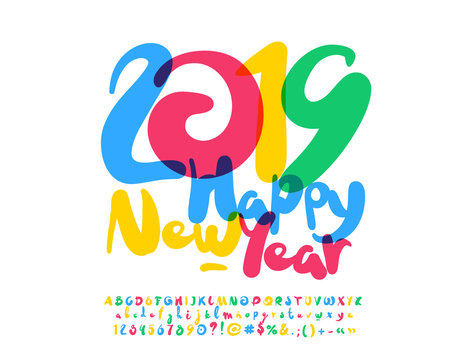 Vector bright watercolor Greeting Card Happy New Year 2019. Original colorful Font. Set of handmade Alphabet Letters, Numbers and Punctuation Symbols.
