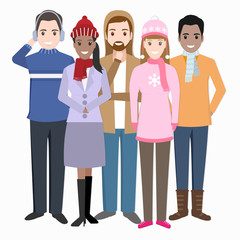 Group of people with winter costume icon illustration