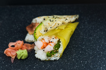Japanese food Salmon and shrimp temaki sushi
