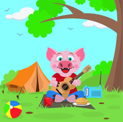 Obraz na płótnie Canvas Pig resting in the woods with a tent and a guitar. Vector illustration on the theme of the campaign. Symbol of 2019.