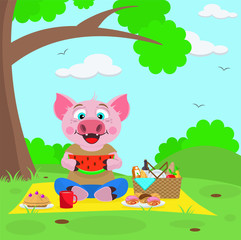 The pig went on a picnic. Vector illustration on the theme of the campaign. Symbol of 2019.