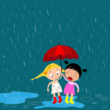 children under an umbrella in the rain