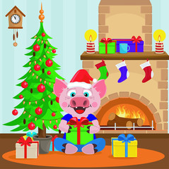 Pig sitting under the tree with a gift. Christmas and new year holiday, vector illustration. Symbol of 2019.