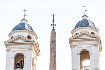 Rome, Italy historic city with church tower Santissima Trinita dei Monti bell, summer day isolated closeup by Spanish Steps