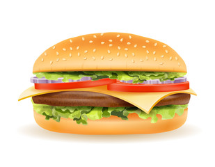 classic hamburger with meat chop tomato onion and cheese in a bun stock vector illustration