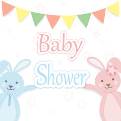 Baby shower card with Rabbit couple. Happy Birthday card paper art illustration