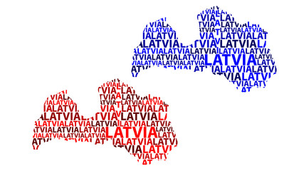 Sketch Latvia letter text map, Republic of Latvia - in the shape of the continent, Map Latvia - red and blue vector illustration