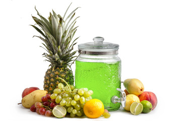 composition of ripe juicy fruits and a glass jar with lemonade. White background isolated