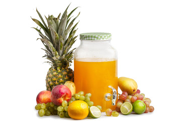 composition of ripe juicy fruits and a glass jar with lemonade. White background isolated