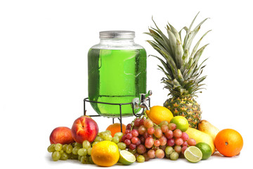 composition of ripe juicy fruits and a glass jar with lemonade. White background isolated