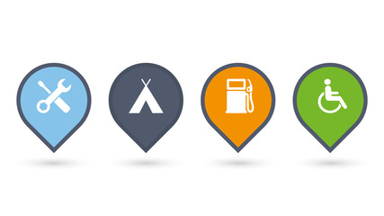 set of colorfull map pointers or pins with extra icons. vector illustrations isolated on white background.