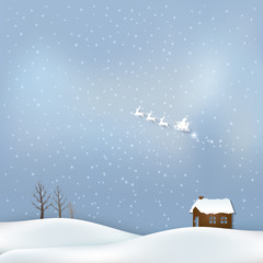 Cottage and Santa claus Christmas season background paper art style illustration