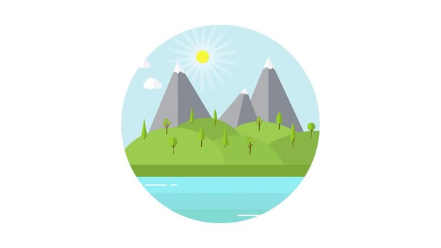 nature landscape with boat river and hill motion graphic 2d flat eco animation
