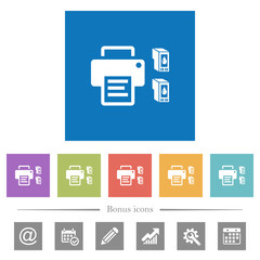 Printer and ink cartridges flat white icons in square backgrounds