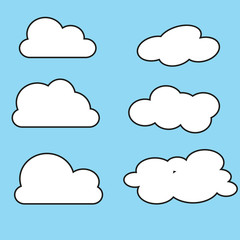 White cloud icon set. Fluffy clouds. Cute cartoon cloudscape. Cloudy weather sign symbols. Flat design Web, app decoration element. Blues sky background. Isolated. Vector illustration
