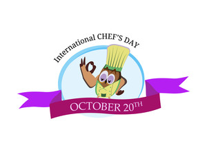 International chef day greeting card. Funny cartoon chef owl with hat on isolated background. Vector illustration
