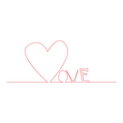 Love text with continuous line drawing of heart isolated on white background, love lettering for greeting card, poster, invitation, wedding, handwritten calligraphy.