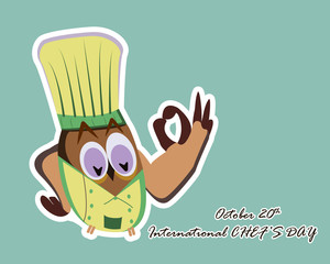 International chef day greeting card. Funny cartoon chef owl with hat on blue background. Vector illustration
