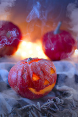 Jack O Lantern Halloween pumpkins, burning candles. Symbol of halloween