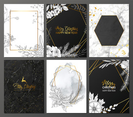 2019 Merry Christmas and Happy New Year Luxury cards collection with marble texture,Golden geometric shape and hand-drawn winter plants .Vector trendy background