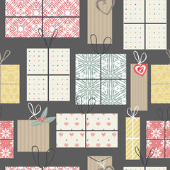 Collection of colorful vintage wrapped present boxes seamless vector pattern background. For holidays and celebrations