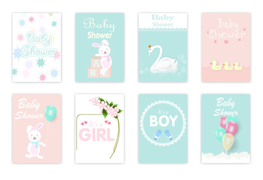 Set of baby shower cards, birthday card, greeting card cute cartoon illustration