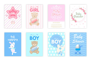 Set of baby shower cards, birthday card, greeting card cute cartoon illustration